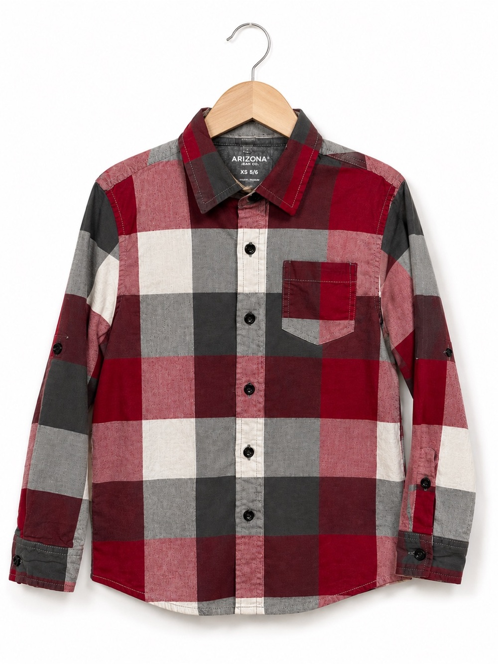 Arizona Jean Co Boys Buffalo Plaid Button Down Shirt Red Gray XS 6 7 Cotton